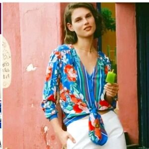 Anthropologie Maeve Elan‎ Scarf Printed Floral Tie Waist Blouse Size 14 Vacation